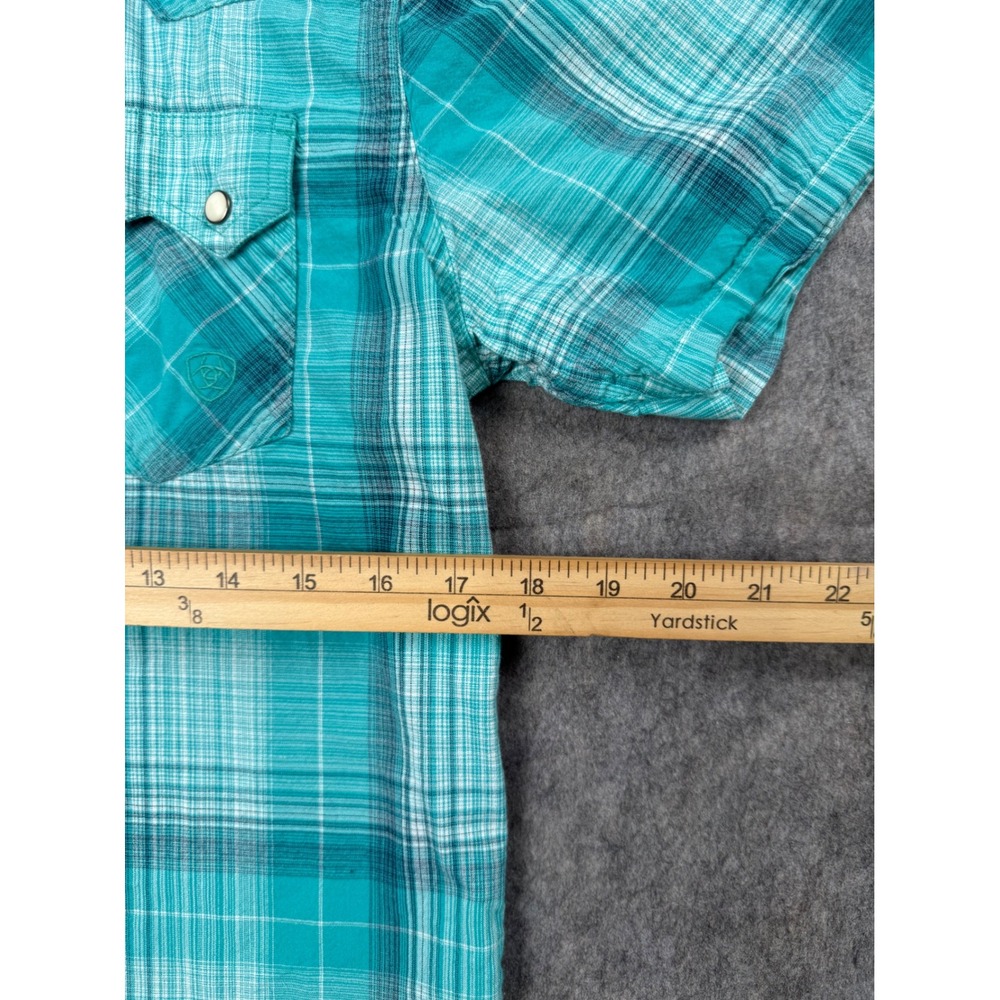 Ariat Mens Retro Fit Western Pearl Snap Shirt Teal Plaid Short Sleeve Small - Picture 2 of 6